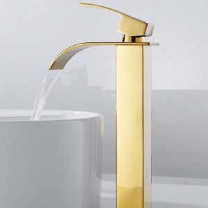 Ulisem - Robinet salle de bain lavabo haut cascade bec pour vasque,Mitigeur eau froide et chau moderne carré chromé trou simple (Doré)