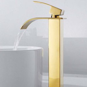 Robinet salle de bain lavabo haut cascade bec pour vasque,Mitigeur eau froide et chau moderne carré chromé trou simple (Doré)