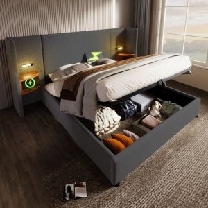 Lit double capitonn&eacute; (180 x 200) avec t&ecirc;te de lit, liseuse et chargeur USB Type-C, cadre en bois massif et m&eacute;tal, gris, lin (matelas non inclus).