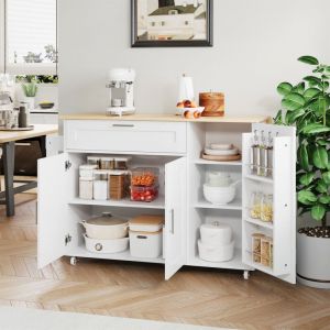 Desserte de cuisine 132,5 x 70 x 90 cm, 3 portes et 1 tiroir, avec table pliante, meuble cuisine, buffet, mdf, blanc