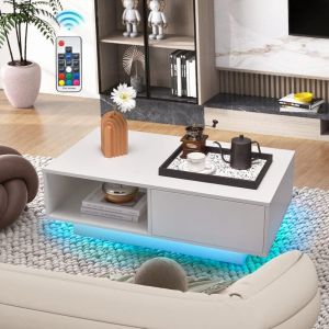 Costway - Table Basse Laquée led 20 Couleurs, Table Basse Blanche avec Grand Tiroir et Compartiment, 5 Lumiosités Télécommandées, Table Basse Moderne