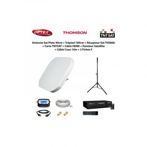 Antenne Sat Plate 40cm + Tr&eacute;pied 180cm + R&eacute;cepteur Sat THS806 + Carte tntsat + C&acirc;ble hdmi + Pointeur + C&acirc;ble Coax 10m + 2 Fiches f