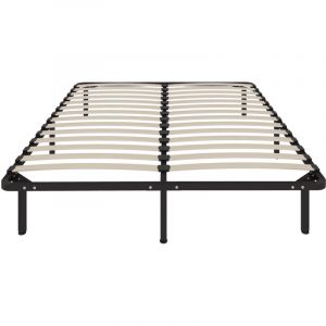 Cadre de lit 160 x 190 cm, lit 2 personnes en bois massif avec sommier &agrave; lattes et pied, rangement au-dessous, noir