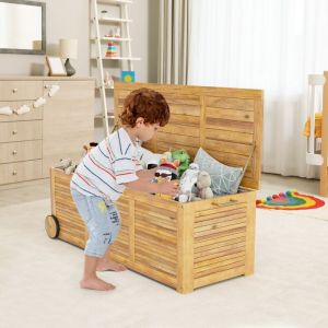 Coffre de Rangement 182L en Bois d'Acacia Charnière en Métal Banc de Rangement à Roulettes Extérieur pour Jardin Patio CW9274 design in