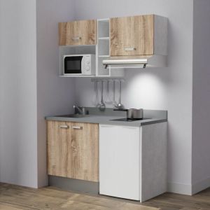 Cuisibane - Kitchenette K13L - 140 cm - emplacements frigo, hotte et micro-ondes-Bois-Cromo-évier à gauche