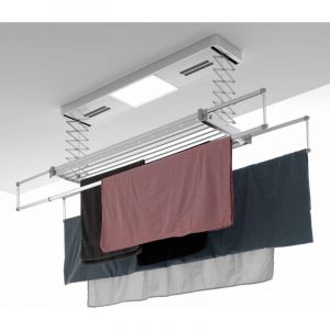 Foxydry Pro, Étendoir à linge de plafond ou mur chauffant, étendoir électrique télécommandé en aluminium et acier, plafond 122x52x30cm - Argent