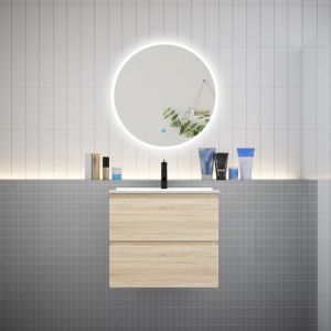 Ensemble meuble vasque L.60cm 2 tiroirs + lavabo + LED miroir rond 70cm,ch&ecirc;ne