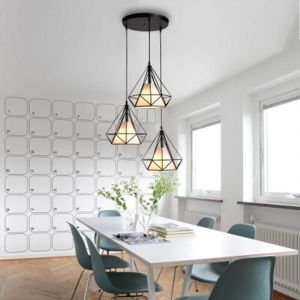 Suspension Cage Forme Diamant Contemporain 25cm Corde Ajustable Luminaire Lustre en Fer Salle &agrave; Manger,Bar,Chambre - 3 lampe avec support rond