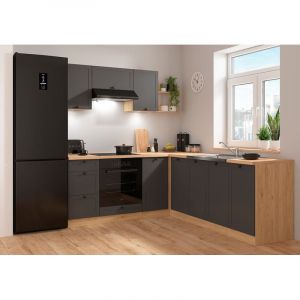 Cuisine d'angle compl&egrave;te 200x220 cm, Meubles de cuisine modulables coloris Gris graphite/Ch&ecirc;ne bernstein, plan de travail Non inclus