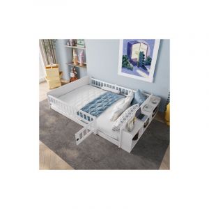 Okwish - Lit double 140x190 cm, lit enfnat avec rangement ouvert et &eacute;tag&egrave;res, en bois de pin, blanc, sans matelas