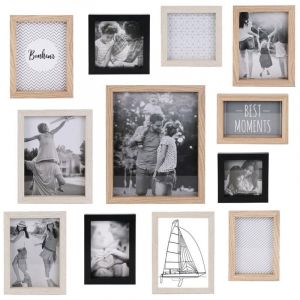 Set de 12 Cadres Photo Multi-tailles Effet Bois Naturel Blanc et Noir