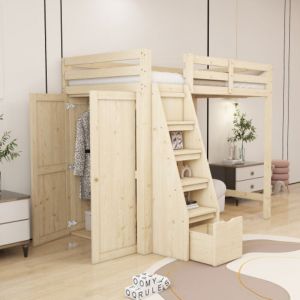 Okwish - Lit mezzanine 90x200 cm, lit simple d'enfant avec armoire et échelle de rangement, en bois de pin, couleur bois, sans matelas