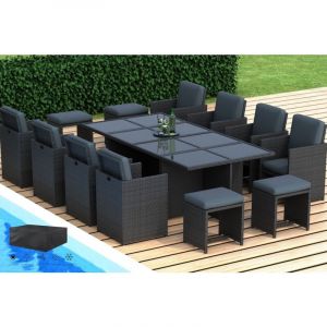 Riviera - Salon de jardin encastrable 12 places - en résine tressée - Noir avec coussins gris - housse incluse qualite premium garantie
