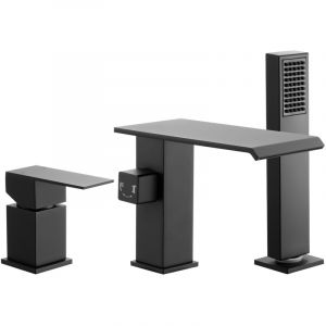 Mophorn Mitigeur de baignoire romaine &agrave; 3 trous, robinet cascade avec pommeau de douche et poign&eacute;e unique, installation sur pont, choix entre deux