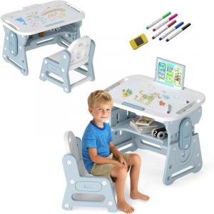 GOPLUS Table Enfant avec Chaise en HDPE, 4 en 1 Table de Dessin Hauteur R&eacute;glable, avec Tableau Blanc Inclinable, 5 Stylos et 1 Gomme, Bureau Enfant