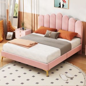 Lit double velours 140x200 cm - avec t&ecirc;te de lit r&eacute;glable en hauteur, sommier &agrave; lattes, pieds en m&eacute;tal dor&eacute;, adapt&eacute; aux enfants, lit capitonn&eacute; pour