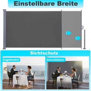 Tolletour - swanew Auvent latéral Paravent extérieur Brise Vue rétractable pour Jardin Store latéral Balcon terrasse gris 180x600cm