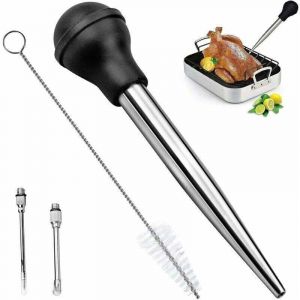 Poires &agrave; Sauce en Acier Inoxydable 304 et Caoutchouc, Poire &agrave; Jus Pipette Cuisine Aiguille d'Injection avec Brosse de Nettoyage pour Cuisson BBQ,