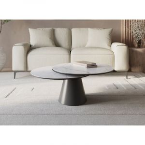 Table basse ronde à plateau pivotant en verre trempé et céramique effet marbre blanc selenia