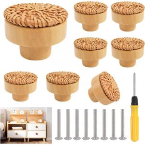 8 Pi&egrave;ces Bouton Cuisine de Placard En Rotin Poign&eacute;E de Meuble Cuisine Boutons de Porte Meuble Tiroir Placard, Tiroir Enbois Ronds Pour Cusine Chambre