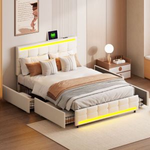 Lit double capitonné 140x190 cm avec 4 tiroirs, éclairage led, port usb, sommier à lattes, linge, lit tiroir adulte - Beige