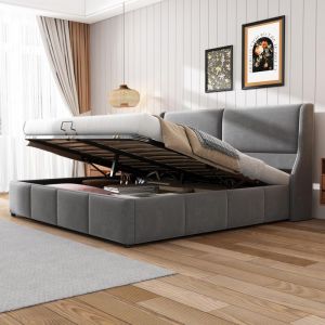 Dans Les Nuages - Lit coffre capitonné 140x190 cm, tissu velours, avec forme oreille tête de lit, sommier à lattes, pour adultes et adolescents - gris