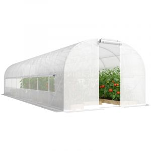 Serre tunnel de jardin - Outsunny - 24m&sup2; - avec cadre en acier galvanis&eacute;, portes et 2 grandes fen&ecirc;tres - b&acirc;che PE 140 g/m&sup2; - blanc