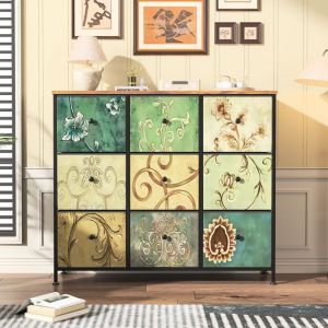 Tanant - Commode de rangement 100 cm - avec 9 tiroirs de rangement et poignées noires, motif Vintage, Buffet, cadre en métal noir, adaptée au salon,