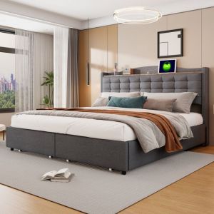 Lit double capitonné 160x200 cm, table de chevet avec port de charge usb et étagère, 4 tiroirs, linge gris