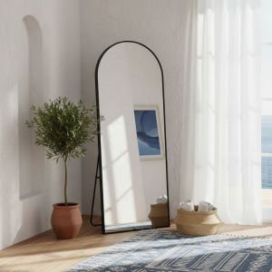 177x77 cm miroir sur pied lisse arqué, à poser au sol, grand miroir mural avec cadre en métal, miroir de sol pour chambre, dressing, salon - Noir