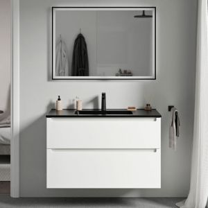 Meuble de salle de bain suspendu bois laqu&eacute;, meuble vasque noire 2 tiroirs soft-close - Garantie 5 ans - 64x81x47cm - vireo Blanc mat - Bernstein