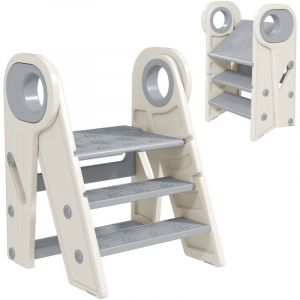Marche pied pour enfant 3 marches, marchepied de cuisine pour enfant, pliable, hauteur ajustable de 2 &agrave; 3 marches, gris