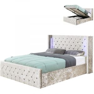 Lit Velours Coffre Led Grand T&ecirc;te De Lit Osmos - Velours Beige - 140x190, Style Baroque, 209 x 164 x 113 cm - Meubler Design