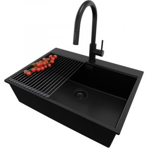 Primagran - Evier Cuisine en Granit 68x50cm, Lavabo 1 bac + Robinet 40x20cm + Kit de Vidage + Accessoire, Évier à Encastrer au meuble 70cm - Oslo,
