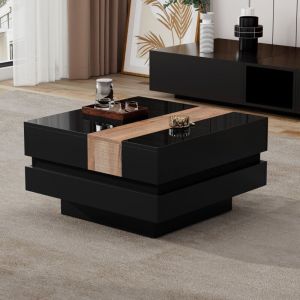 Table basse relevable carr&eacute;e extensible-bicolore brillant noir-MDF avec rangement-70x70x39cm