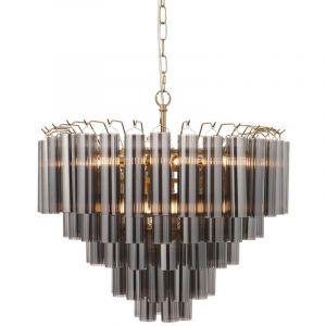 Toulouse Plafonnier suspendu en laiton satin&eacute;, verre lustr&eacute; gris fum&eacute;, 12 x G9 - Endon