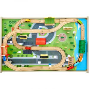 Mophorn Table de circuit en bois pour train, 84 pi&egrave;ces, avec rails, bac de rangement pliable, table d'activit&eacute;s 3-en-1 &agrave; double face pour jouer,