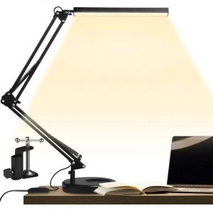 LED Lampe de Bureau avec Pince et Base Ronde, Lampe D'architecte 14W, Bras Réglable Pliable, 3 Températures de Couleur 10 Niveaux de Luminosité
