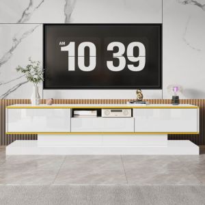 Meuble TV 180x38x45 cm,avec trois tiroirs et un compartiment ouvert, éclairage LED à changement de couleur, scandinave,blanc