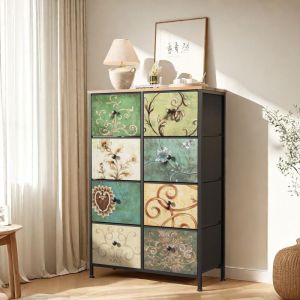 Commode, meuble TV, structure m&eacute;tallique, 8 tiroirs, tissu, tiroirs de salon &agrave; motif floral vintage, plateau en bois, convient pour chambre et salon