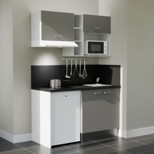 Kitchenette K13L-PT - 140 cm avec plan de travail et évier - Façade Gris - Plan Noir - Evier Inox - Crédences Oui