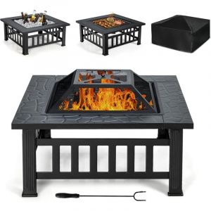 Costway - Brasero Jardin Multifonctions 81 x 81 x 50 cm avec Pare-étincelles,Grille Porte-bûches,Gril pour bbq Tisonnier en Acier Noir