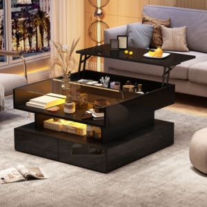 Table basse noire relevable avec 2 tiroirs et &eacute;clairage LED, table d'appoint en verre tremp&eacute; brillant, 80x80x45 cm