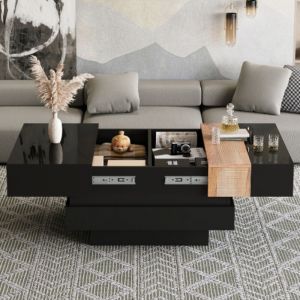 Table basse carr&eacute;e 70x70x39 cm avec rangement dissimul&eacute;, en MDF, noir