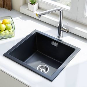HOROW 45x40 cm &Eacute;vier en granit noir, 1 bac encastrable, 80 % sable de quartz, avec siphon