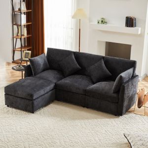Modfu - Canape convertibleCanape dangleCanape droit- moderne en tissu chenille, 3 à 4 places avec pouf, design contemporain