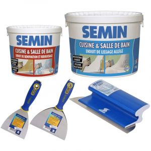 Pack Semin sp&eacute;cial r&eacute;novation salle de bain et cuisine pour 25m&sup2; compos&eacute; d'un enduit de rebouchage & lissage sp&eacute;cial pi&egrave;ces humides et des outils