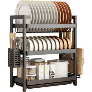 Qiyao - Panier égouttoir d'évier, Égouttoir à Vaisselle à 3 étages avec Porte support pour planche à découper Porte-baguettes brancher noir