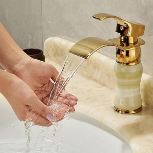Robinet mitigeur cascade dor&eacute;, bec fin, mitigeur lavabo monotrou, robinet de salle de bain en laiton G1/2 avec tuyau d'arriv&eacute;e d'eau