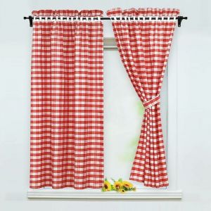 Lot de 2 rideaux occultantsavec 2 embrasses style maison de campagne, Polyester, rouge, BxH 80x120cm